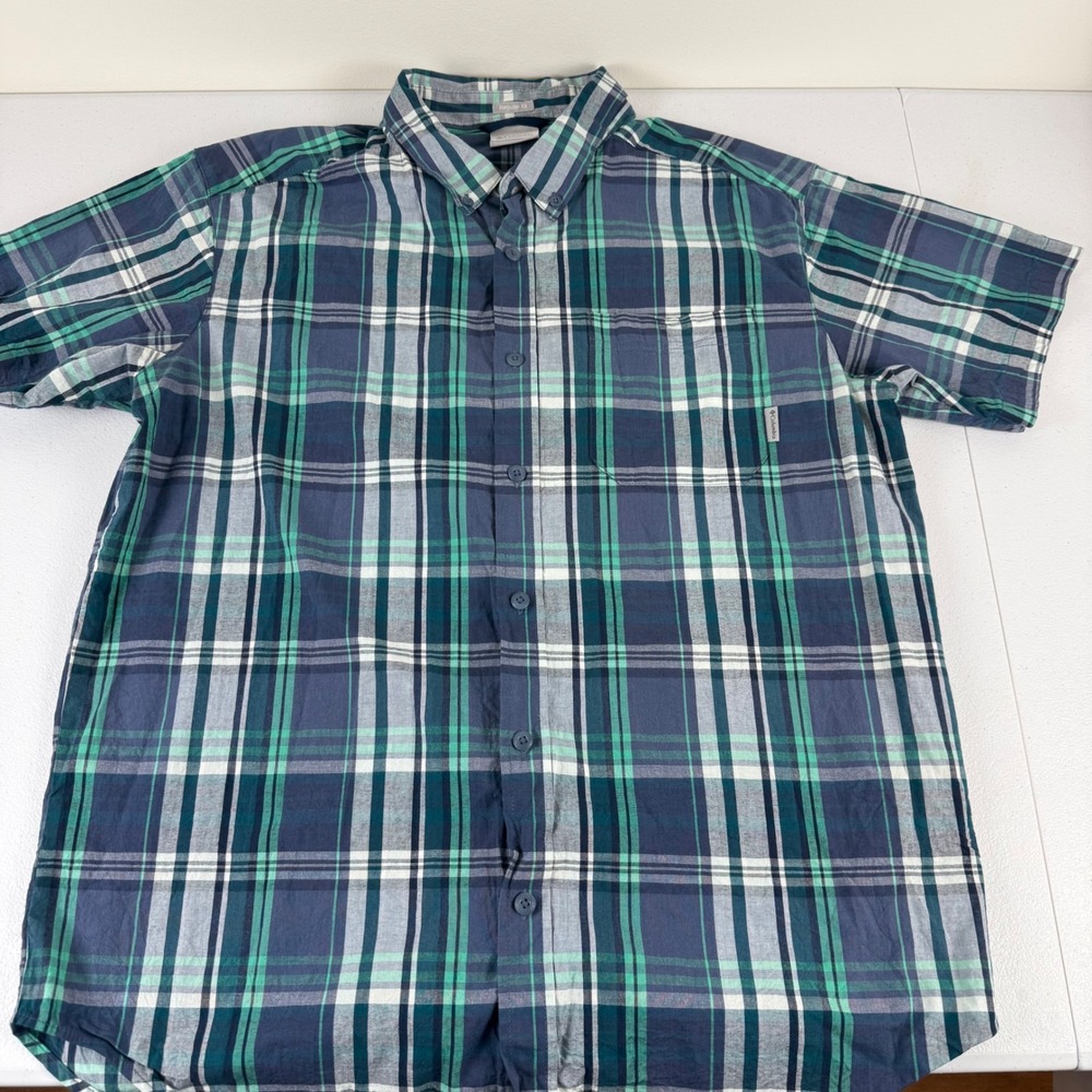 Columbia Mens Regular Fit Plaid Short Sleeve Button Down Shirt Blue Green‎ Large